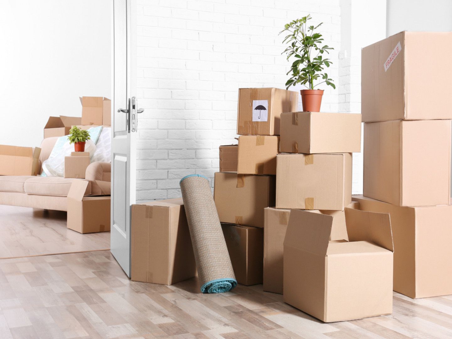 Boxes stacked in room, furniture covered in boxes. Rug is rolled up.